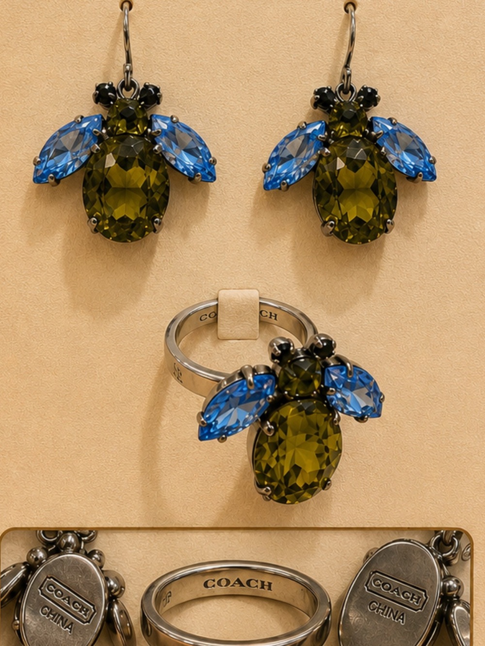 COACH RARE Poppy Olive Green and Bright Blue Crystal Bee Earrings & Ring Set - Picture 2 of 4